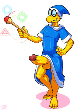 anthro balls bodily_fluids clothed clothing erection eyewear genital_fluids genitals glasses hat headgear headwear humanoid_genitalia humanoid_penis male penis robe simple_background smile solo bobthetanuki mario_bros nintendo kamek humanoid koopa magikoopa mammal scalie digital_media_(artwork) hi_res source_request