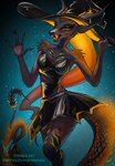 anthro clothing dress female glowing hair hat headgear headwear horn latex latex_clothing lava long_ears long_hair long_horn long_tail pose scales solo spikes tail tongue tongue_out witch_costume witch_hat stirren pompeii_(timberwolfl) elemental_creature lava_creature mineral_fauna pinup