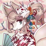 accessory animal_mask anthro asian_clothing cherry_blossom cherry_tree clothed clothing countershading east_asian_clothing female female_anthro flower fox_mask fruit_tree fur green_eyes hair hair_accessory holding_object japanese_clothing kemono kimono looking_at_viewer mask multi_tail multicolored_body multicolored_fur paper_fan pattern_clothing plant ponytail prunus_(flower) smile smiling_at_viewer solo tail tan_body tan_fur tan_hair tree two_tone_body two_tone_fur white_body white_fur cocoroll canid canine fox mammal 1:1 2023 bust_portrait digital_media_(artwork) hi_res portrait