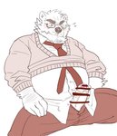 anthro blush bottomwear clothing erection eyewear genitals glasses kemono male necktie overweight overweight_anthro overweight_male pants penis shirt simple_background sitting solo topwear white_background ryuta-h bear mammal 2020 censored