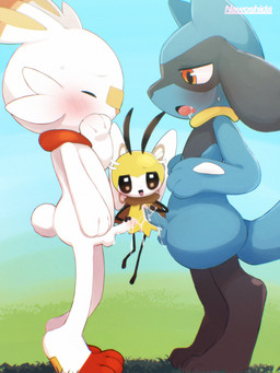 3_fingers 3_toes anthro balls biped blue_balls blue_body blue_penis blush bodily_fluids cum cum_on_balls cum_on_penis double_handjob dripping drooling erection eyes_closed feet fingers foreskin genital_fluids genitals glans group handjob humanoid_genitalia humanoid_penis looking_at_genitalia looking_at_penis male midair open_mouth penile penis pink_glans precum precum_drip saliva sex size_difference small_penis sweat text toes trio white_balls white_body white_penis young young_anthro young_male nawoshida nintendo pokemon arthropod generation_4_pokemon generation_7_pokemon generation_8_pokemon insect lagomorph leporid mammal pokemon_(species) rabbit ribombee riolu scorbunny 2025 3:4 artist_name digital_drawing_(artwork) digital_media_(artwork) hi_res signature textless