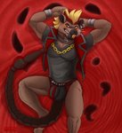 anthro balls_outline big_bulge blonde_hair bracelet buckteeth bulge chain clothed clothing collar dakimakura demonic detailed_background detailed_bulge dildo dildo_on_tail fur genital_outline gold_(metal) gold_chain green_eyes grin grinning_at_viewer hair horn jewelry looking_at_viewer lying lying_on_ground male on_back on_ground penis_outline red_horn scorpion_tail seductive sex_toy shirt sleeveless_jacket smile smiling_at_viewer solo teeth topwear underwear s-o-husky healin'_good_precure pretty_cure batetemoda demon mammal murid murine nutria rat rodent 2020 absurd_res dakimakura_design digital_drawing_(artwork) digital_media_(artwork) hi_res