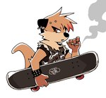 4_fingers alternative_fashion anthro brown_body brown_fur cigarette eyeliner fingers fur highlights_(coloring) looking_away makeup male piercing punk red_eyes side_view simple_background skateboard smoke smoking solo vehicle white_background imkrisyim vtuber chester_the_otter punk_chester mammal mustelid otter