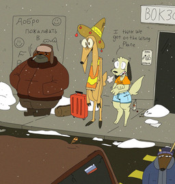2_horns alcohol alcohol_bottle anthro antlers bag beanie beer beer_bottle beverage beverage_bottle black_ears black_eyes black_nose blue_short bottle bottomwear brown_body brown_eyes brown_fur car chest_tuft clothed clothing container crop_top denim denim_bottomwear denim_clothing denim_shorts detailed_background dialogue floppy_ears fur group hat head_tuft headgear headwear hooves horn jacket luggage luggage_case male multicolored_body multicolored_fur open_mouth orange_clothing orange_shirt orange_topwear outside poncho russian_flag shirt shorts sign smiley_face smoking snow snowing sombrero standing street tail tan_body tan_fur text topwear tuft vehicle vodka agusta reg_(agusta) stich_(agusta) bovid canid canine canis caprine domestic_dog goat mammal 2025 comic english_text hi_res one_panel_comic russian_text spanish_text