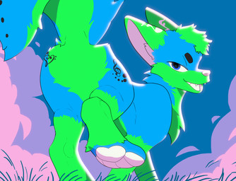 blue_body blue_eyes butt feral green_body green_hair hair looking_at_viewer looking_back male musical_note musical_symbol nature nature_background nude open_mouth pawpads paws presenting presenting_hindquarters public public_nudity raised_leg running smile solo symbol tongue gaafus jayjay_idingo canid canine canis dingo mammal 2d_animation animated hi_res
