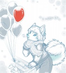 anthro balloon blue_eyes blue_nose breath clothing cloud_emanata cold emanata hoodie inflatable looking_at_balloon looking_at_object male scarf solo tail text topwear young young_anthro young_male hush-a-bye canid canine mammal english_text