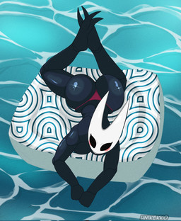 anthro big_butt biped black_body black_skin blush breast_squish breasts butt clothing curvy_figure empty_eyes exoskeleton feet_up female lying on_front pool_float red_clothing red_swimwear relaxing simple_background solo squish summer swimming_pool swimwear text thick_thighs water wide_hips unicuck hollow_knight:_silksong hollow_knight_(franchise) team_cherry hornet_(hollow_knight) arachnid arthropod spider 2025 artist_name digital_media_(artwork) hi_res