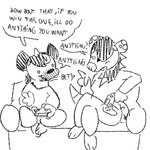 4_fingers anthro bet clothed clothing controller dialogue duo female fingers furniture game_controller horn male sofa teeth white_eyes wahlgo kurty_(wahlgo) mildread_(wahlgo) american_opossum hyena mammal marsupial spotted_hyena black_and_white line_art monochrome sketch