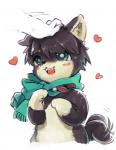 ambiguous_gender anthro blush daww duo green_eyes hand_on_head head_rub heart_symbol hearts_around_body hearts_around_head looking_at_viewer open_mouth scarf semi-anthro smile solo_focus tail tail_motion tailwag shiroi canid canine canis domestic_dog mammal