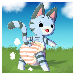 ambiguous_gender anthro blue_body blue_fur border clean_diaper clothed clothing cloud cloud_emanata cute_fangs diaper diaper_fetish diaper_only diaper_puff emanata fangs fur gloves_(marking) grass grey_body grey_ears grey_fur grey_stripes leg_markings looking_back markings multicolored_body multicolored_fur open_mouth open_smile pink_inner_ear plant sky skyscape smile socks_(marking) solo striped_body striped_fur striped_markings striped_tail stripes tail tail_markings teeth text topless two_tone_tail wearing_diaper white_border shadyadi animal_crossing nintendo lolly_(animal_crossing) domestic_cat felid feline felis mammal 1:1 artist_name full-length_portrait hi_res portrait signature