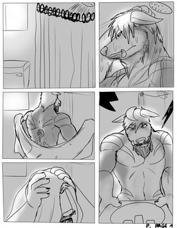 anthro barazoku bathing bathroom beard body_hair facial_hair fangs fur male markings muscular muscular_anthro muscular_male mustache pecs shower showering solo teeth text towel wet zordykeaboo home_zomewhere_else chad_harman canid canine canis dobermann domestic_dog hybrid mammal mastiff molosser pinscher rottweiler comic english_text hi_res monochrome