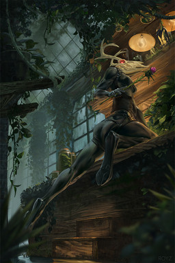 anthro antlers bone fantasy female grass hooves horn latex pharmacy plant skull skull_head solo underhoof conditional_dnp royz bovid caprine deer goat mammal hi_res