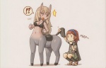 blonde_hair breasts brown_eyes curious duo exclamation_point female hair hooves horse_tail interrobang monster_girl_(genre) question_mark raised_tail simple_background surprise tail white_background ganten gatten shigatake european_mythology greek_mythology japan_studio_(game_developer) mythology shadow_of_the_colossus sony_corporation sony_interactive_entertainment team_ico_(game_developer) agro_(shadow_of_the_colossus) wander_(shadow_of_the_colossus) centaur equid equid_taur human humanoid_taur mammal mammal_taur taur