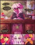 2017 absurd_res amber_eyes anthro anthrofied apple apple_bloom_(mlp) blush bodily_fluids book border bored breasts cheerilee_(mlp) cleavage clitoral clitoral_fingering clitoral_masturbation clitoris clothed clothing cutie_mark_crusaders_(mlp) desk dialogue dimwitdog english_text equid equine female female/female food friendship_is_magic fruit fur furniture genital_fluids genitals green_eyes group half-closed_eyes hasbro hi_res horn horse legwear magic mammal map masturbation my_little_pony mythological_creature mythological_equine mythology narrowed_eyes open_mouth orange_border pegasus pink_body pink_fur plant pony purple_eyes pussy scissors scootaloo_(mlp) smile stockings sweetie_belle_(mlp) table text tongue tongue_out unicorn vaginal_fluids wings yellow_body yellow_fur