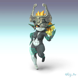 abs armor blonde_hair blue_background blue_markings breasts clothing eyelashes featureless_breasts featureless_crotch female front_view fused_shadow grey_body hair hand_on_hip headgear headwear helmet humanoid_pointy_ears markings navel one_eye_obstructed pointy_ears ponytail red_eyes simple_background smile snaggle_tooth solo thick_thighs white_background white_body wide_hips yellow_sclera eiji_ar nintendo the_legend_of_zelda twilight_princess midna humanoid imp twili 1:1