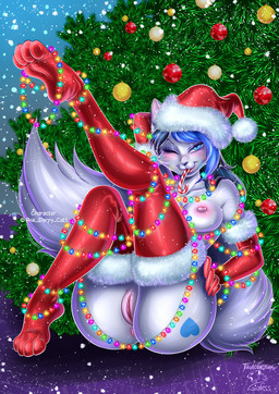 anthro anus big_tail black_hair black_nose blue_eyes blue_hair blue_heart blush breasts butt candy candy_cane cheek_tuft christmas_clothing christmas_decorations christmas_headwear christmas_lights christmas_stocking christmas_tree clothing dessert eyelashes facial_tuft female fluffy fluffy_tail food fur genitals grey_body grey_fur hair hat headgear headwear heart_(marking) holidays legwear lights looking_at_viewer markings one_eye_closed plant raised_leg santa_hat solo stockings tail tree tuft vulva wink winking_at_viewer makoto-thunderstorm christmas dawn_(ask_derpy_cat1) domestic_cat felid feline felis mammal nebelung hi_res