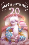 anthro birthday bodily_fluids bottomwear cake clothed clothing cum dessert dog_tags erection femboy food footwear fur genital_fluids genitals happy heart_eyes heart_symbol hoodie kemono male nude penis purple_body purple_fur shirt shy simple_background smile socks solo tail text tongue tongue_out topwear kai_oshima canid canine canis domestic_dog mammal wolf hi_res