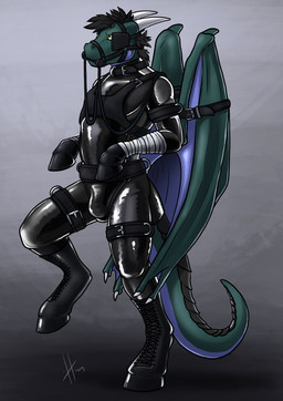 anthro bandage bandaged_arm bdsm bit_gag black_boots black_clothing black_footwear black_hair black_latex black_skinsuit blinders blue_tail blue_wings boots bulge clothing eyewear footwear gag gagged green_wings hair horn latex latex_clothing latex_skinsuit male male_anthro membrane_(anatomy) membranous_wings messy_hair petplay roleplay shoes short_hair simple_background skinsuit slim_anthro slim_male solo standing tail tight_clothing white_horn wing_bondage wings yellow_eyes hufnaar mythology karumaru dragon mythological_creature mythological_scalie scalie 2019 absurd_res dated full-length_portrait hi_res portrait