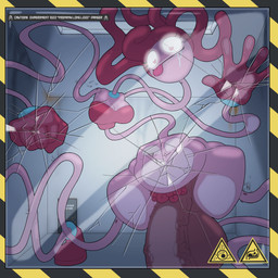 against_surface bodily_fluids containment containment_cell drooling explicit_source glass glowing glowing_eyes grin gynomorph intersex on_glass saliva smile text sanyo2100 mob_entertainment poppy_playtime mommy_long_legs 1:1 absurd_res english_text hi_res