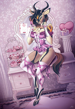 anthro applying_makeup bow_ribbon breasts cake cleavage clothed clothing corset corset_dress countershade_accent cupcake dessert dress female flower food fur furniture hair heart_symbol holidays hooves horn lingerie long_hair makeup multicolored_body multicolored_fur multicolored_hair on_table orange_eyes panties personal_grooming pink_clothing pink_dress plant rose_(flower) sitting sitting_on_table slim solo table tail thick_thighs topwear two_tone_hair underwear lisaamint valentine's_day zahra_(airheart) antelope bovid gazelle mammal 2025 digital_media_(artwork) hi_res watermark