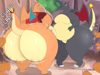 anthro belly big_butt bottom_heavy bottomless bubble_butt butt clothed clothing duo_focus facial_piercing fire flaming_tail genitals grey_body group huge_butt huge_hips hyper hyper_butt male motion_lines nose_piercing nose_ring orange_body outside overweight overweight_anthro overweight_male penis piercing red_clothing red_shirt red_topwear ring_piercing shirt tail thick_thighs topwear torn_clothing torn_shirt torn_topwear wide_hips wings megacoolbear nintendo pokemon brutus_(megacoolbear) charizard generation_1_pokemon pokemon_(species) shiny_pokemon 4:3 hi_res