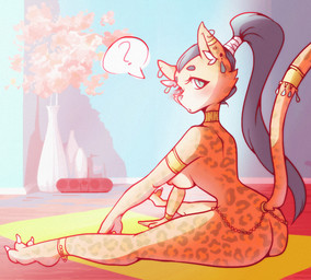 anklet anthro armlet bracelet breasts butt casual_nudity choker choker_only feet female hair jewelry jewelry_only long_hair looking_at_viewer naked_yoga necklace necklace_only nipples nude outside question_mark sky solo stretching yoga yoga_mat spider_bones felid leopard mammal pantherine digital_media_(artwork)