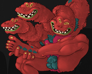 3_heads anthro armpit_hair balls body_hair caricature chest_tuft colored_nails feet flaccid fur genitals green_lips green_pubes hairy hairy_balls hand_behind_head holding_leg lips long_feet long_legs long_neck male multi_head muscular muscular_male nails nipples penis pubes red_body red_fur red_skin sharp_teeth showing_armpit silly_face simple_background sitting smile solo tall teeth tuft yellow_eyes yellow_nails yellow_nipples ravuer european_mythology greek_mythology mythology violent_femmes hydra 5:4 absurd_res hi_res