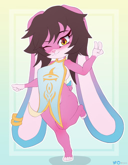 anthro breasts chibi clothed clothing female floppy_ears fur gesture hand_gesture looking_at_viewer lop_ears no_underwear one_eye_closed one_leg_up pelvic_curtain pink_body pink_fur raised_leg scut_tail short_tail shortstack side_boob sideless_clothing solo tail v_sign wide_hips wink orez_art remmy_(remybunny) lagomorph leporid mammal rabbit absurd_res hi_res trans_(lore) trans_woman_(lore)