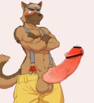 5_fingers balls big_penis blue_eyes blush brown_fur canine censored clothing cotton_(artist) erection eyewear fur glans goggles humanoid_penis hyper male mammal no_underwear pants penis precum solo standing suspenders sweat topless vein
Rating: Explicit
Score: 10
User: britannic124
Date: January 18, 2014