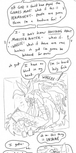 abs animal_genitalia animal_penis anthro anthro_to_feral aroused big_penis big_tail blush bodily_fluids body_size_growth breath chair claws cum cum_on_ceiling cum_on_face cum_on_wall cum_splatter desk destruction dialogue ejaculation erection excessive_cum excessive_genital_fluids eyewear eyewear_only feral fur furniture genital_fluids genitals glasses glasses_only growth hair huge_tail inside long_claws lying male masturbation muscular muscular_anthro muscular_male nude nude_anthro nude_male on_back open_mouth panicking pecs penile_spines penis profanity room_filling scales sharp_teeth sheath simple_background size_transformation solo species_transformation standing sweat table tail teeth text transformation transformation_sequence typing wearing_glasses pineconepaladin capcom monster_hunter mythology matsuo_akatsu_(human) leviathan_(mh) mizutsune mythological_creature scalie 2026 absurd_res comic digital_media_(artwork) english_text hi_res long_image monochrome tall_image