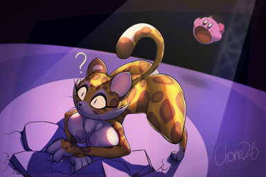 anthro ass_up big_breasts blush breasts chest_tuft countershading duo emanata female glowing glowing_eyes huge_breasts imminent_oral male male/female nipples nude open_mouth pupils question_mark raised_tail slit_pupils spotlight spots surprised tail thick_thighs tuft whiskers wide_hips yellow_sclera clone26 kirby_(series) kirby_and_the_forgotten_land nintendo clawroline kirby felid leopard mammal pantherine waddling_head 3:2 hi_res