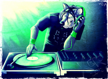 4_fingers anthro black_hair claws clothed clothing disc disc_jockey djwulf dreadlocks electronics fingers front_view fur green_eyes grey_body grey_fur hair headphones male record shirt smile solo t-shirt topwear turntable_(record_player) white_body white_fur kero_tzuki tumma_karu canid canine canis mammal wolf 2012