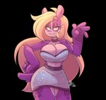 anthro big_breasts black_background blonde_hair blue_bottomwear blue_clothing blue_eyes blue_skirt blue_topwear bottomwear breasts cleavage clothed clothing eyelashes eyeliner female fur hair long_hair makeup purple_body purple_fur simple_background skirt smile solo topwear white_body white_fur gogomrdodo blooper_(dooper64) bear giant_panda mammal hi_res