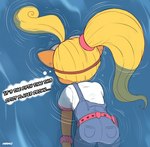 anthro blonde_hair bubble clothing death drowned ear_piercing eyewear female floating goggles hair inner_monologue lying on_front overalls partially_submerged piercing ponytail solo thinking thought_bubble water zombiedolly activision crash_bandicoot_(series) crash_bandicoot_4:_it's_about_time coco_bandicoot bandicoot mammal marsupial absurd_res hi_res
