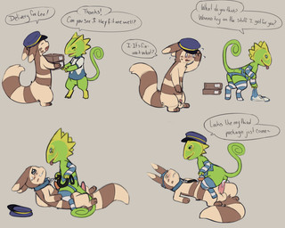 anal anthro anthro_on_anthro arm_warmers armwear balls bdsm bent_over bite biting_lip biting_own_lip blue_body blue_scales blush bodily_fluids bondage bottomless bound brown_body brown_fur butt clothed clothing collar cowgirl_position crossdressing cum cum_in_ass cum_inside curled_tail delivery_(commerce) delivery_employee dialogue dominant dominant_male duo erection eye_contact eyes_closed featureless_crotch footwear from_front_position fur genital_fluids genitals green_body green_scales grey_background hand_on_head hat headgear headwear leash leash_pull leashed_top legwear looking_at_another lying male male/male male_on_bottom male_on_top mostly_nude multicolored_body multicolored_fur on_back on_bottom on_top open_mouth open_smile package panties pattern_armwear pattern_clothing pattern_legwear pattern_stockings penis postal_carrier postal_delivery power_bottom rear_view scales self_bite sex shirt side_view simple_background smile socks speech_bubble standing stockings straddling striped_armwear striped_body striped_clothing striped_fur striped_legwear striped_stockings stripes submissive submissive_male sweat sweatdrop tail tan_body tan_fur tapering_penis teasing text thigh_highs thigh_socks tongue tongue_out topwear two_tone_body two_tone_fur underwear underwear_on_head undressing moonlight-kat nintendo pokemon fan_character lee_the_kec furret generation_2_pokemon generation_3_pokemon kecleon pokemon_(species) shiny_pokemon 2017 5:4 english_text