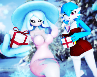 big_breasts black_sclera blue_hair bow_(feature) box breasts clothing container dress duo female gift gift_box hair holidays looking_at_viewer not_furry one_eye_closed red_eyes smile white_body wink malicekira christmas nintendo pokemon gardevoir generation_3_pokemon generation_8_pokemon hatterene humanoid pokemon_(species) shiny_pokemon 3d_(artwork) digital_media_(artwork) hi_res mikumikudance_(artwork)