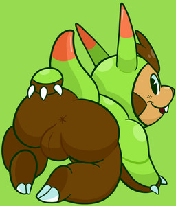 anthro anus backsack balls biped brown_body butt genitals green_background green_body male simple_background solo sinribbons nintendo pokemon generation_6_pokemon pokemon_(species) quilladin 2019 hi_res