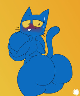 anthro big_breasts big_butt blue_body blue_fur blush bodily_fluids breast_squish breasts bubble_butt butt crossgender curvy_figure eyelashes female fur hourglass_figure huge_breasts logo looking_at_viewer looking_back looking_back_at_viewer mouthless rear_view small_waist solo spherical_breasts squish sweat sweatdrop tail text thick_thighs wasp_waist whiskers wide_hips yellow_sclera thatdawgmurray pete_the_cat pete_the_cat_(character) domestic_cat felid feline felis mammal aliasing artist_logo artist_name digital_media_(artwork) hi_res signature