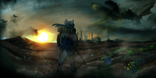ambiguous_anthro ambiguous_gender anthro clothed clothing cloud flower grass gun holding_gun holding_object holding_ranged_weapon holding_weapon obscured_face plant ranged_weapon rear_view skyline solo standing sunset weapon solaxe_(artist) ambiguous_species