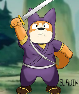 anthro clothed clothing front_view holding_melee_weapon holding_object holding_sword holding_weapon male melee_weapon ninja raised_arm shortstack slightly_chubby solo sword warrior weapon slavik. dragon_ball shu_(dragon_ball) canid canine canis domestic_dog mammal shiba_inu spitz hi_res