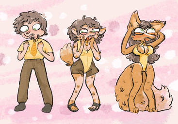 anthro barefoot big_breasts big_ears big_tail bottomwear breast_growth breasts clothing crossgender feet female fluffy fluffy_tail fod footwear gender_transformation green_eyes growth hair human_to_anthro looking_up male male_to_female mtf_transformation necktie pants shirt shoes short_hair simple_background solo species_transformation standing swimwear tail topwear transformation transformation_sequence bubbalossom canid canine fox human mammal 2025 digital_media_(artwork) hi_res sequence