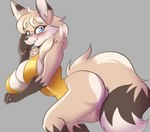 anthro big_butt blush breasts butt cleavage clothed clothing female fur grey_background looking_at_viewer multicolored_body multicolored_fur simple_background solo solratic canid canine fox mammal hi_res