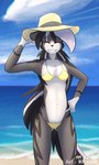 anthro beach bikini clothing ear_piercing eyebrow_piercing facial_piercing female flesh_tunnel fur gauged_ear gold_bikini hair hat headgear headwear multicolored_body outside piercing sand seaside sky smile solo swimwear tail text two-piece_swimsuit observerdoz golden_week stigmata_(observerdoz) hyena mammal absurd_res hi_res