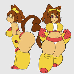 anthro armor big_breasts breasts brown_body brown_hair camel_toe clothing crop_top eyewear eyewear_on_head female gauntlets gloves goggles goggles_on_head hair handwear leg_armor purple_eyes shirt simple_background solo tail thong topwear underwear white_background qwentylock gameoverse glitch_productions kit_bodega domestic_cat felid feline felis mammal absurd_res hi_res