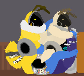anal antennae_(anatomy) anthro arthropod_abdomen bottomless clothed clothing egg egg_inflation female group hoodie hoodie_only lying machine male male/female male/male on_back onomatopoeia oviposition pillow sex sound_effects spiral spiral_eyes stickers_on_body text topwear topwear_only trio tf2_demo_2004 honeypot_(tf2_demo_2004) mocha_(tf2_demo_2004) stickerboard_(tf2_demo_2004) arthropod bee hybrid hymenopteran insect lepidopteran moth protogen hi_res