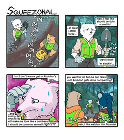 4_panel_comic anthro blue_hair bodily_fluids clothed clothed_anthro clothed_female clothed_male clothing dialogue female fully_clothed fully_clothed_anthro fully_clothed_female fully_clothed_male fur group hair hands_behind_back holding_object holding_shovel holding_tool inner_monologue male outside plant safety_vest shovel standing sweat tan_body tan_fur tapping_foot text thinking tools topwear tree vest white_body white_fur hieronymusjohnson abdullah_(hieronymusjohnson) retti_(hieronymusjohnson) squeez_(hieronymusjohnson) borzoi canid canine canis domestic_dog hunting_dog mammal nordic_sled_dog samoyed sighthound spitz 2025 aliasing binary_drawing comic digital_drawing_(artwork) digital_media_(artwork) english_text hi_res