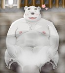 anthro balls barely_visible_balls barely_visible_genitalia barely_visible_penis belly big_belly black_nose blush detailed_background eyes_closed feet genitals humanoid_hands kemono male moobs navel nipples overweight overweight_male penis sitting solo steam white_body shirokuma_210 utau shirane_kan bear mammal polar_bear ursine 2022