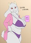 anthro big_breasts black_text bra breast_squish breasts bulging_breasts cleavage cleavage_overflow clothed clothing container cup female fur holding_container holding_cup holding_mug holding_object horn huge_breasts iris mature_anthro mature_female monotone_body monotone_clothing monotone_fur monotone_panties monotone_underwear mug panties pink_clothing pupils purple_bra purple_clothing purple_panties purple_underwear red_eyes simple_background solo squish text underwear creatiffy undertale undertale_(series) toriel boss_monster_(undertale) bovid caprine mammal 2020 hi_res