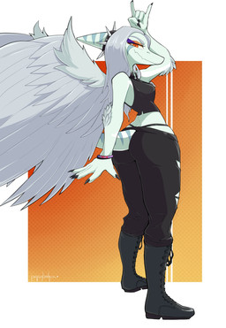amber_eyes anthro black_boots black_bottomwear black_clothing black_crop_top black_footwear black_panties black_pants black_shirt black_topwear black_underwear blue_body bone bone_frill boots border bottomwear breasts claws clothed clothed_anthro clothed_female clothing collar crop_top devil_horns_(gesture) elbow_feathers eyelashes feathered_wings feathers female finger_claws fingers footwear frill_(anatomy) gesture glistening_eyelids gradient_background grey_body grey_feathers grey_hair hair half-closed_eyes hand_gesture head_turned humanoid_hands jewelry long_eyelashes long_hair looking_at_viewer looking_down low-angle_view markings medium_breasts narrowed_eyes necklace non-mammal_breasts o-ring panties pants plantigrade rear_view shirt shoes simple_background skull smile smirk solo spiked_collar spikes standing striped_markings stripes text thong_straps topwear torn_bottomwear torn_clothing torn_pants underwear white_border wings parabellux cavemanon_studios goodbye_volcano_high ko_op_(game_developer) snoot_game fang_(gvh) prehistoric_species pterosaur reptile scalie artist_name colored hi_res shaded