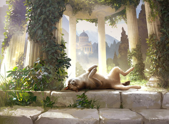 ambiguous_gender brown_body brown_fur building column day detailed_background eyes_closed featureless_crotch feral fur grass lying mountain on_back open_mouth outside plant sky smile solo stone_floor tail tree jakob_eirich hasbro magic:_the_gathering wizards_of_the_coast canid canine canis domestic_dog mammal 2020 digital_media_(artwork) official_art